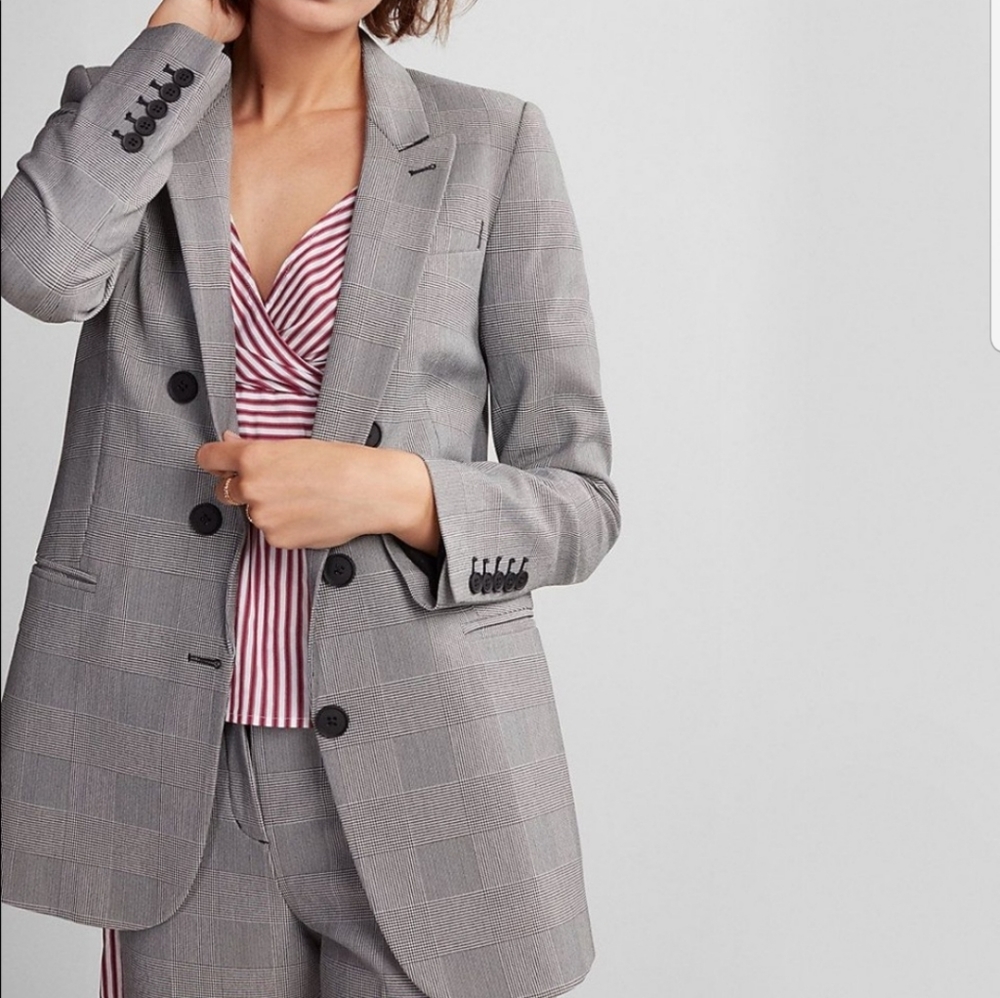 New Express Petite Oversized Plaid Three Button Blazer XSP